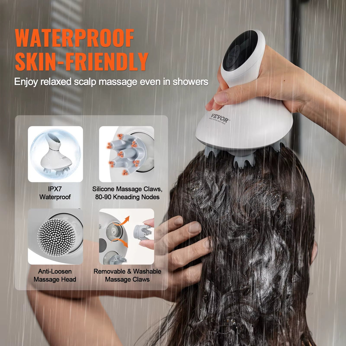 VEVOR Electric Scalp Massager Rechargeable Head Massager Hair Growth IPX7 Waterproof Portable Kneading Electric Scalp Scratcher