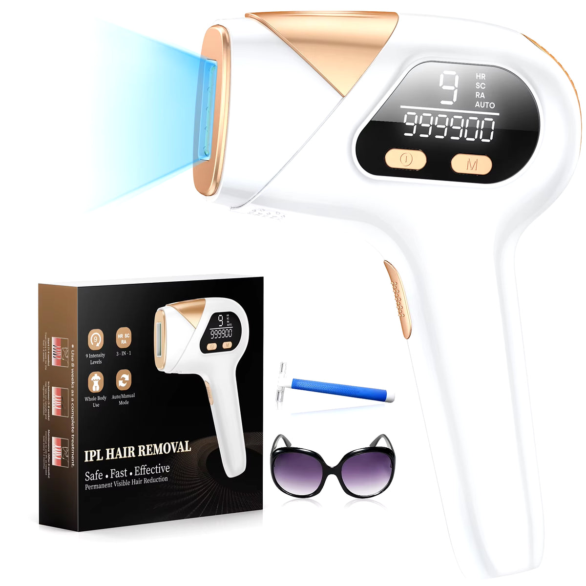 Laser Hair Removal IPL 3-In-1 Effective Hair Removal Device 9 Levels 999,900 Light Pulses Women Men Full Body Treatment Home Use