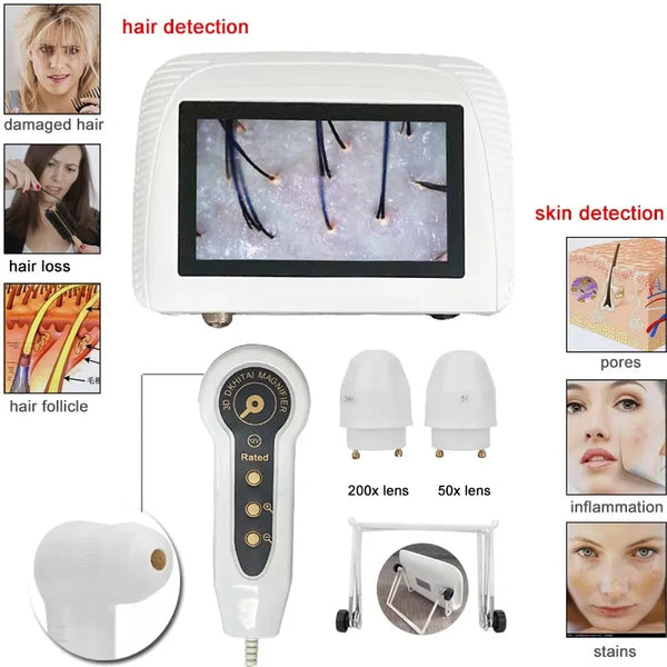 5 Inch Skin Analyzer Skin Hair Scalp Detector Dermoscopy Tester Analyser for Diagnosis Skin Care Tools with 2 Lens Rechargeable
