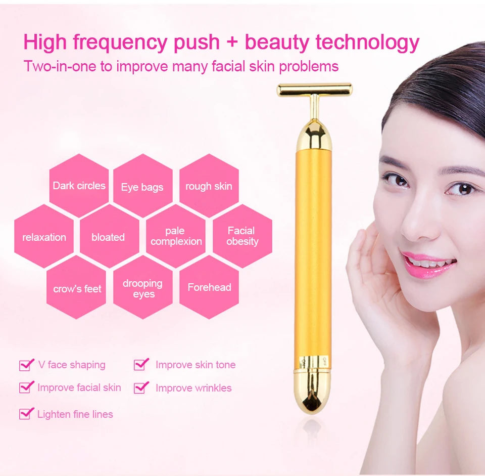 Multi-function Beauty Care Device 24k Facial Massage Stick Roller T-shape Golden Energy Bar Vibrating Massager for Beauty Tool