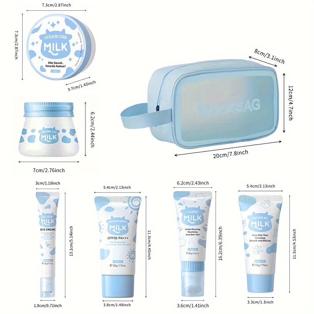 Milk Skin Care Set for Christmas Gift, Facial Cleanser & Body Scrub & Hand Wax & Eye Cream & Sunscreen & Storage Bag