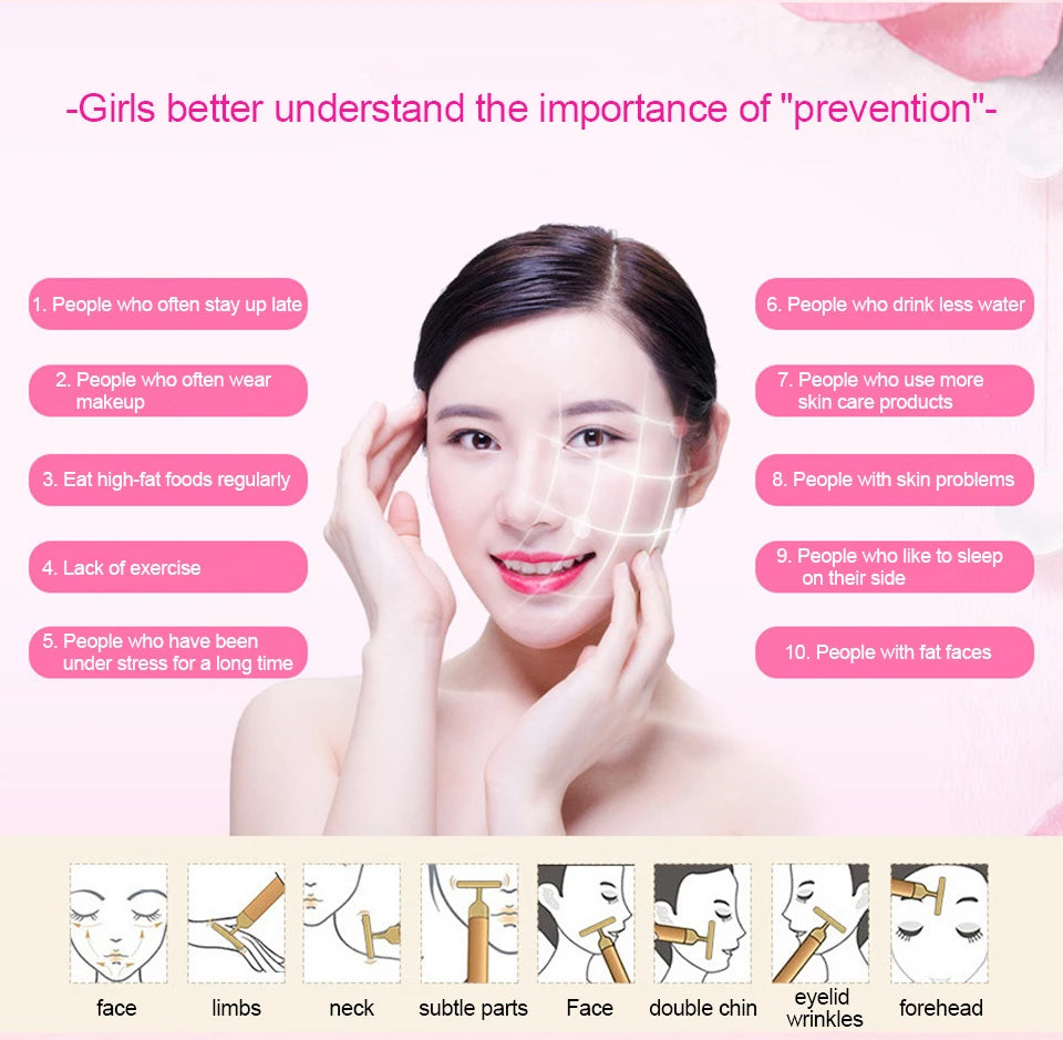 Multi-function Beauty Care Device 24k Facial Massage Stick Roller T-shape Golden Energy Bar Vibrating Massager for Beauty Tool