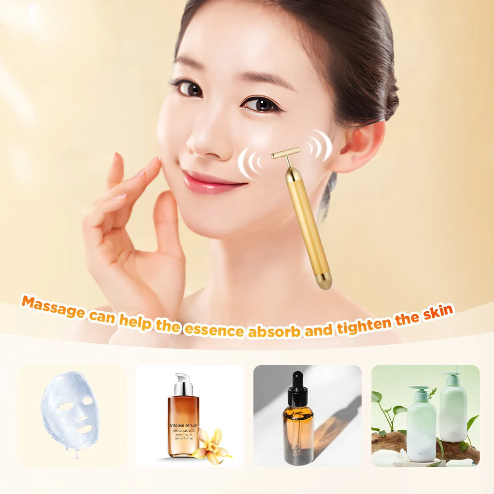 Multi-function Beauty Care Device 24k Facial Massage Stick Roller T-shape Golden Energy Bar Vibrating Massager for Beauty Tool