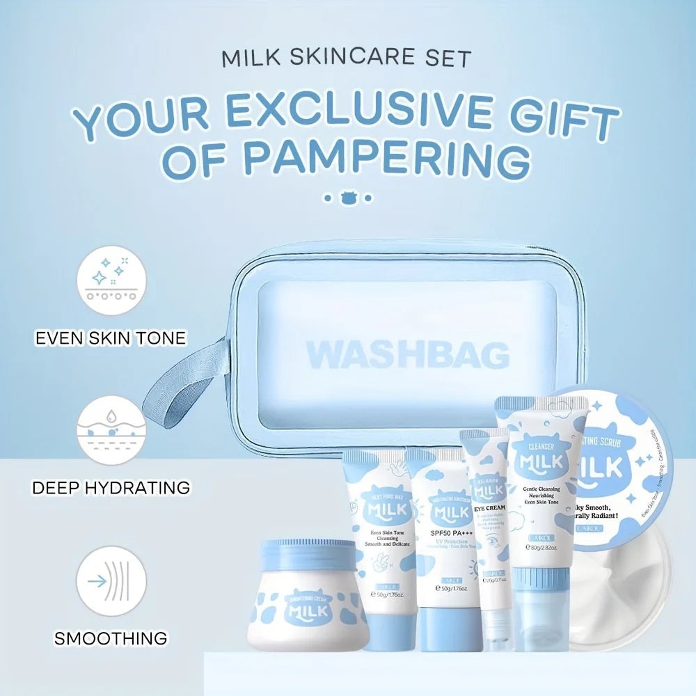 Milk Skin Care Set for Christmas Gift, Facial Cleanser & Body Scrub & Hand Wax & Eye Cream & Sunscreen & Storage Bag