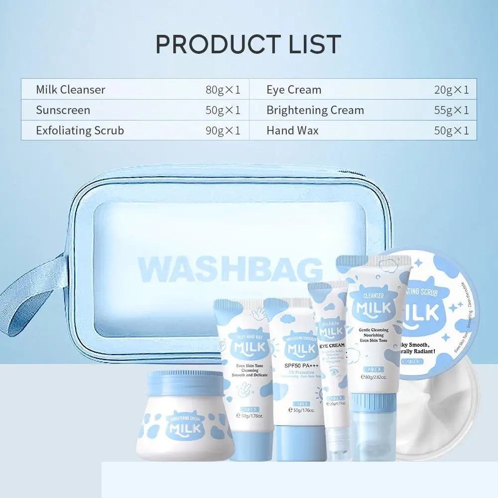 Milk Skin Care Set for Christmas Gift, Facial Cleanser & Body Scrub & Hand Wax & Eye Cream & Sunscreen & Storage Bag