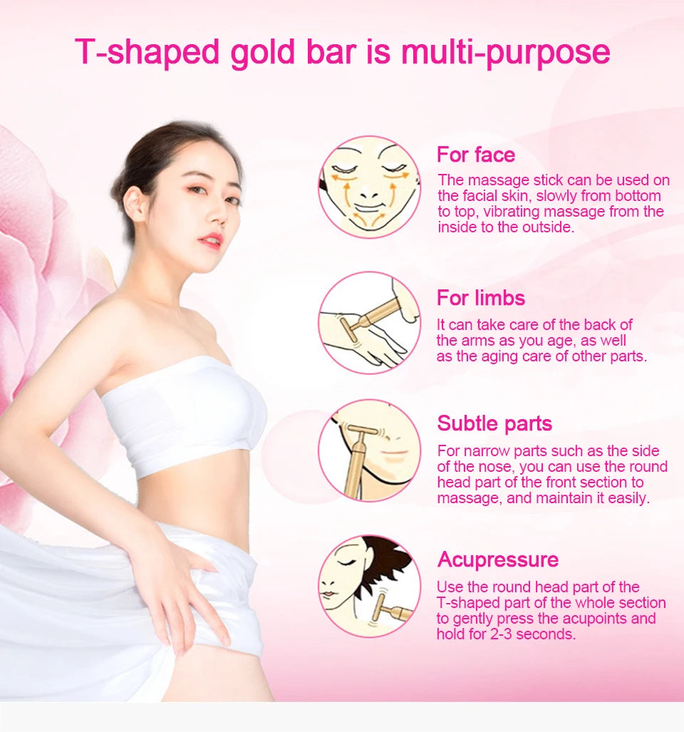 Multi-function Beauty Care Device 24k Facial Massage Stick Roller T-shape Golden Energy Bar Vibrating Massager for Beauty Tool