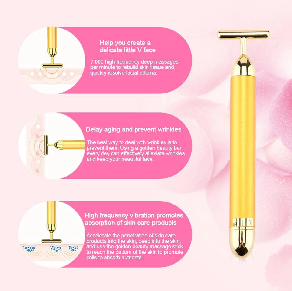 Multi-function Beauty Care Device 24k Facial Massage Stick Roller T-shape Golden Energy Bar Vibrating Massager for Beauty Tool