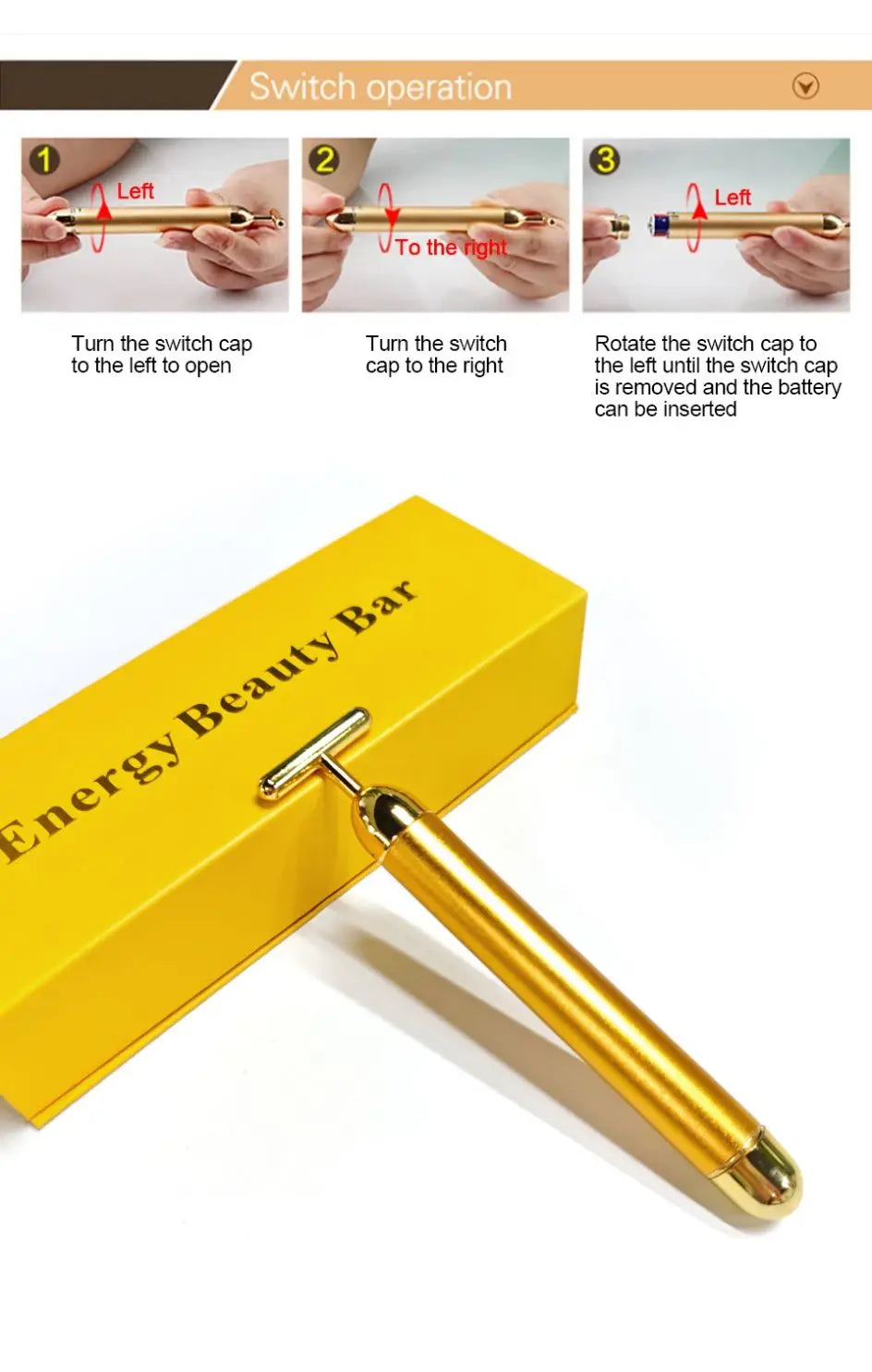 Multi-function Beauty Care Device 24k Facial Massage Stick Roller T-shape Golden Energy Bar Vibrating Massager for Beauty Tool