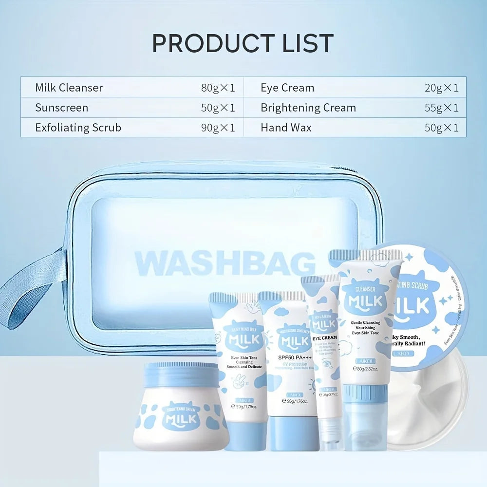 Milk Skin Care Set for Christmas Gift, Facial Cleanser & Body Scrub & Hand Wax & Eye Cream & Sunscreen & Storage Bag
