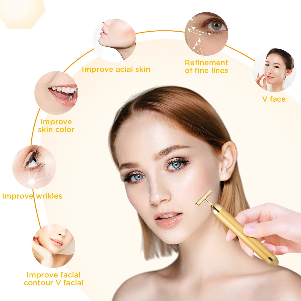 Multi-function Beauty Care Device 24k Facial Massage Stick Roller T-shape Golden Energy Bar Vibrating Massager for Beauty Tool