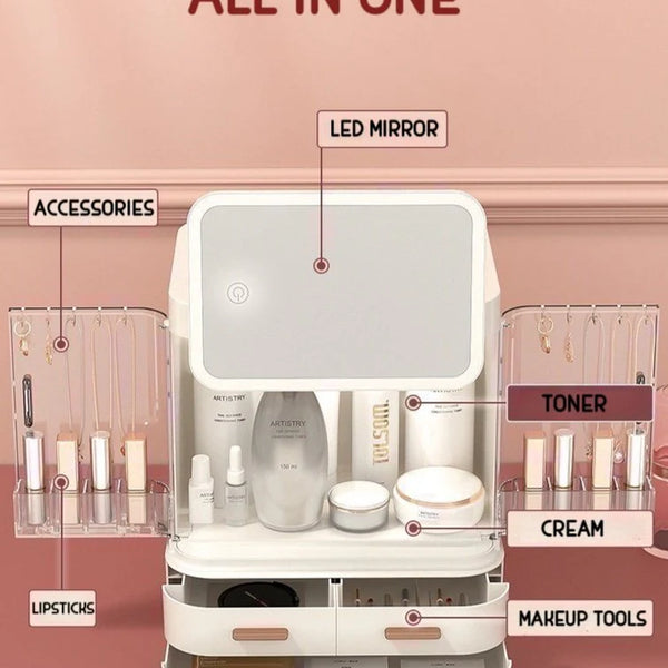All-In-One Organizer with Led Mirror for Makeup Skincare & Accessories